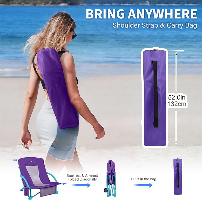 Beach Chairs for Adults 2 Pack,Heavy Duty Folding Low Back Camping Chairs w/Cooler Bag,Mesh Back,Cup Holder & Storage Bag,Compact Sling Chair for Lawn,Picnic,Travel,Purple