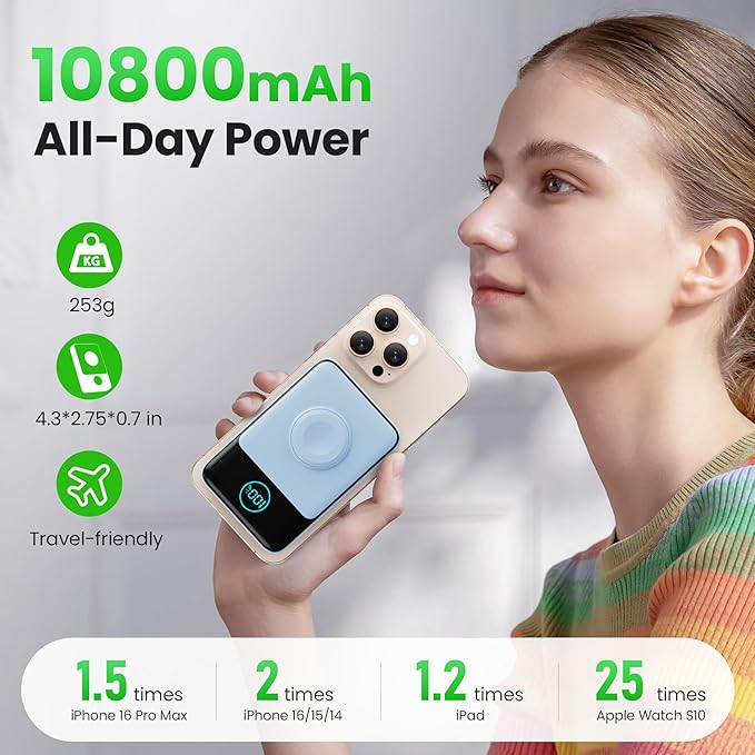 Magnetic Portable Charger for iPhone, 3-in-1 10800mAh Qi2 15W Wireless Power Bank with iWatch Charger,30W PD Fast Charging USB-C LCD Display Battery Pack for Magsafe,iPhone 16/15/14/13/12, Apple Watch