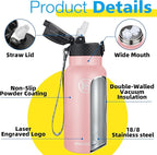 Han's Bottle Kids Water Bottle with Straw Lid - Insulated Stainless Steel Reusable Tumbler for Girls,Boys,Thermo Mug,17oz,Blush