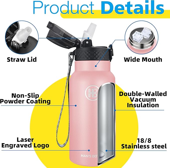 Han's Bottle Kids Water Bottle with Straw Lid - Insulated Stainless Steel Reusable Tumbler for Girls,Boys,Thermo Mug,17oz,Blush