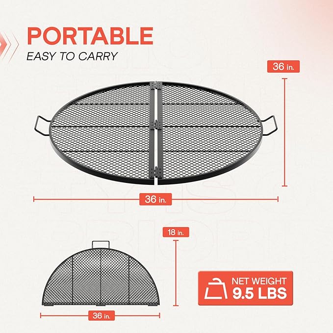 IDZO 36-Inch Foldable Fire Pit Grill Grate, Heavy-Duty Steel BBQ Grill, Cooking Grate with Handles, Portable Charcoal Grill for Campfire Cooking, Outdoor Stove Compatible, Black