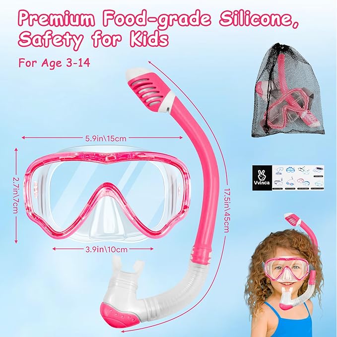 Vvinca Snorkeling Gear for Kids Dry Top Kids Snorkel Set for Boys Girls Junior Youth Children Age 4-14 Swim Goggles with Nose Cover Anti-Fog Panoramic View Adjustable Elastic Diving Mask and Snorkel
