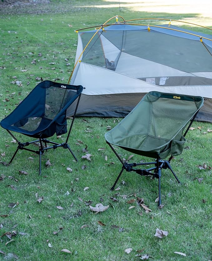 iClimb Ultralight Compact Camping Folding Beach Chair with Anti-Sinking Large Feet and Back Support Webbing (Green - Triangular Frame - 2PC)
