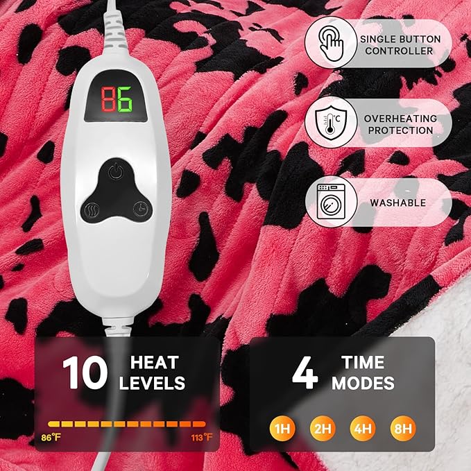 Cow Print Heated Electric Blanket Full Size,72X84 Pink Heating Blanket with 10 Heats Levels & 8 Hours Auto Off,Highland Cow Decor Fleece Sherpa Blankets Warmer Gifts for Women Adults,Washable,ETL