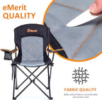 EMERIT Oversized Padded Camping Chair, 350LB Heavy Duty Quad Fold Chair with Arms, Collapsible Outdoor Chairs with Lumbar Back & Cup Holder Black