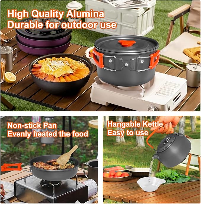 15pcs Camping Cookware, 1.7L Pot, 7inches Pan, 0.8L Kettle Set with Plates Stainless Steel Forks Knives Spoons Camping Cookware Mess Kit for Hiking,Camping,Backpacking,Outdoor Cooking