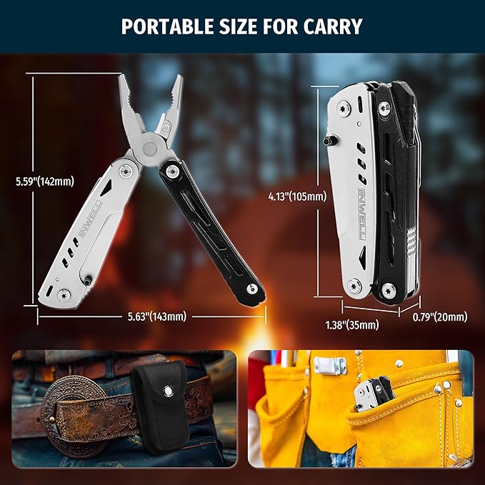 12-in-1 Multitool Pliers with Safety Lock, Fire Starter & Whistle, Stainless Steel Pocket Knife, Camping Multitool with Detachable Scissors for Outdoor Survival, EDC Gear