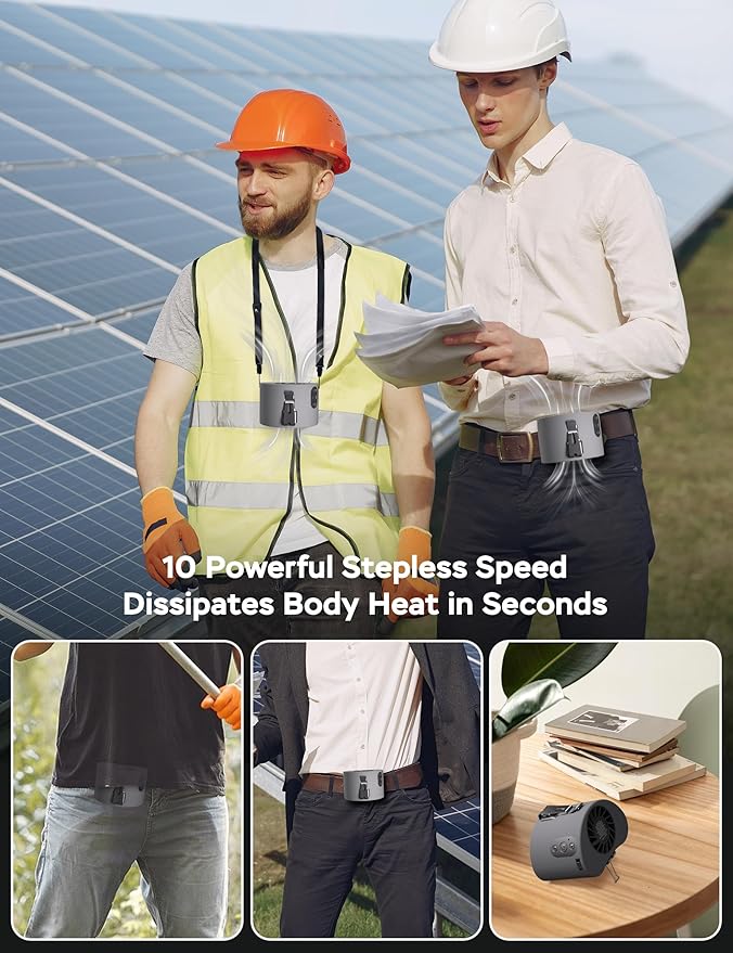 Portable Waist Fan, 10000mAh Battery Operated, Rechargeable Clip On Belt, 10 Speed, 12000RPM Strong Airflow, Max 24H Working Time, Personal Shirt fan for Outdoor Work Jobsite Farms