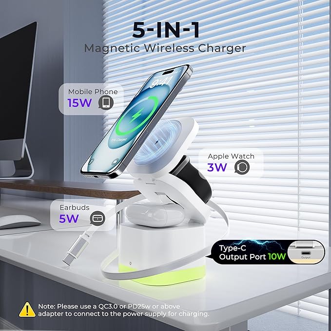 5 in 1 Wireless Charger, Foldable Wireless Charging Station with Night Light for Apple Magnetic Charger, Retractable Cable Fast Charger Stand for iPhone 17/16/15/14/13/12, Apple Watch, AirPods Pro 3