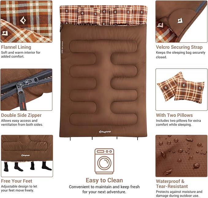 KingCamp Double Sleeping Bag for Adults, Queen Size 2 Person XXL Flannel Sleeping Bag, Waterproof Lightweight Flannel Quilt with 2 Pillows, Perfect for Couples Family Camping Hiking