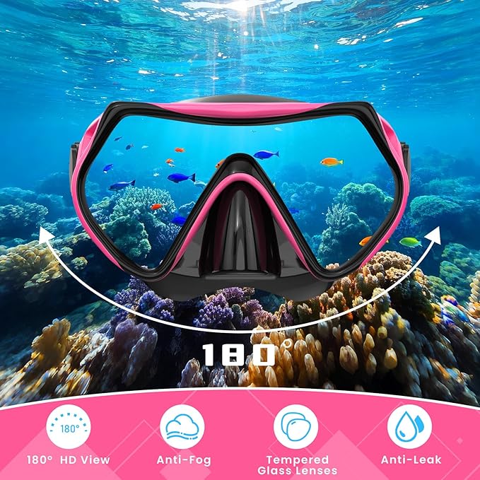 Snorkeling Gear for Adults, Adult Snorkel Mask Set Scuba Diving Dry-Top, Swimming Goggles w/Nose Cover, HD Tempered Glass Panoramic Anti-Leak Anti-Fog, Travel Snorkeling Packages Storage Bag, 2 Pack