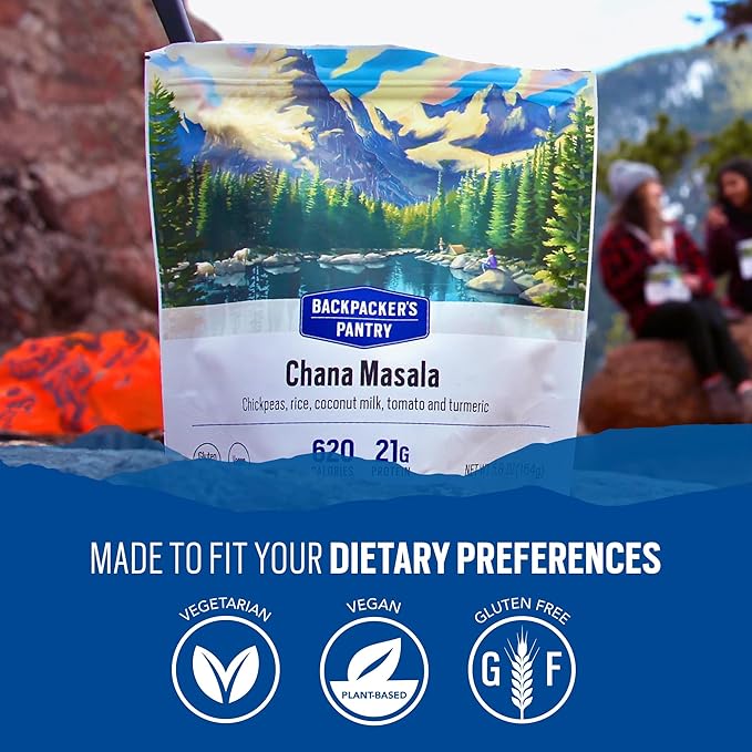 Backpacker's Pantry Chana Masala, 2 Servings Per Pouch (6 Count), Freeze Dried Food, 14 Grams of Protein, Vegan, Gluten Free