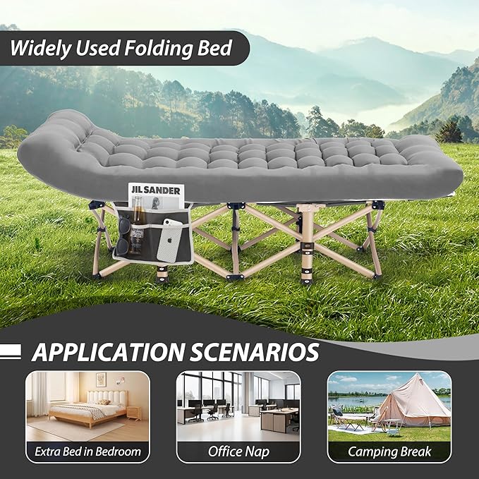 Folding Camping Cot for Sleeping, Portable Cots for Adults, Heavy Duty Cot Bed 550LBS(Max Load), Extra Wider Cots with Large Pocket for Outdoor, Office, Beach