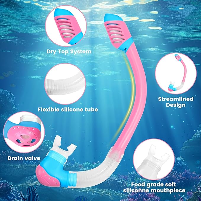 Vvinca Snorkeling Gear for Kids Dry Top Kids Snorkel Set for Boys Girls Junior Youth Children Age 4-14 Swim Goggles with Nose Cover Anti-Fog Panoramic View Adjustable Elastic Diving Mask and Snorkel