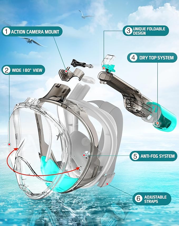 Greatever Full Face Snorkel Mask, Snorkeling Gear for Adults with Latest Dry Top Breathing System and Detachable Camera Mount, Foldable Snorkel Mask Adult, Snorkels Anti-Fog & Anti-Leak