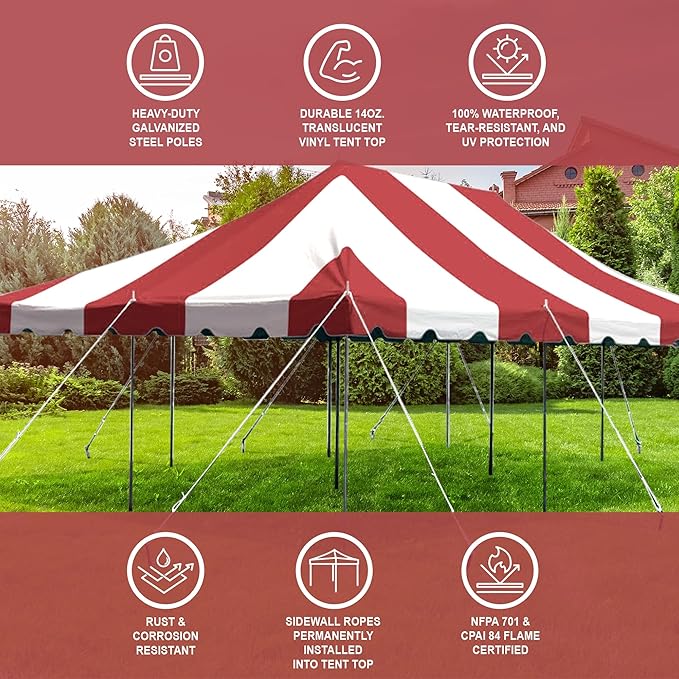 Party Tents Direct 20'x30' Weekender Canopy Pole Tent - Easy Up Canopy Tent with 120 Person Capacity - Outdoor Canopies for Parties, Weddings, & Events (Red/White Top)