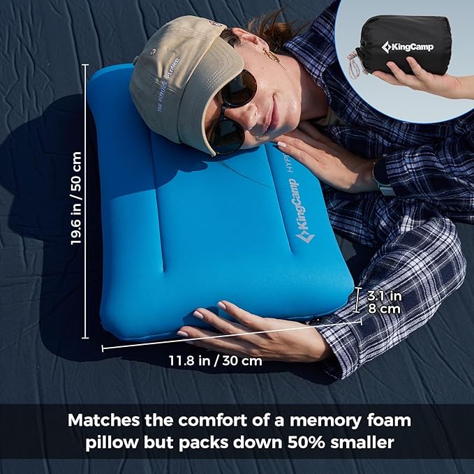 KingCamp Inflatable Pillow for Camping, Extra Large Camping Pillow, Portable Ergonomic Air Pillow with Removable Washable Memory Foam Cover for Camp, Hiking, Car, Beach, Travel