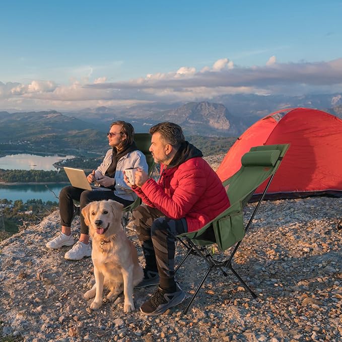 TOBTOS Portable High Back Camping Chair, Support Heavy Duty 440 lbs, Compact Folding Chair with Detachable Pillow for Camp, Hiking, Backpacking (Green)