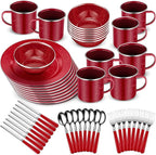 Nuogo 48 Pcs Enamel Camping Tableware Includes 12 oz Coffee Mugs 10.5 Inch Camping Plates 6 Inch Bowls and Utensils Set Includes Knife Fork Spoon for Outdoor RV(Red)
