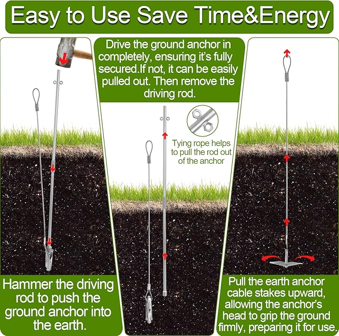 Ground Earth Anchors for Shedswith Drive Rod Tool, 35" x 1/8" Galvanized Cable for Securing Camping Tents, Swing Set, Green House, (12 Pack) Single Layer Earth Anchors for Trapping