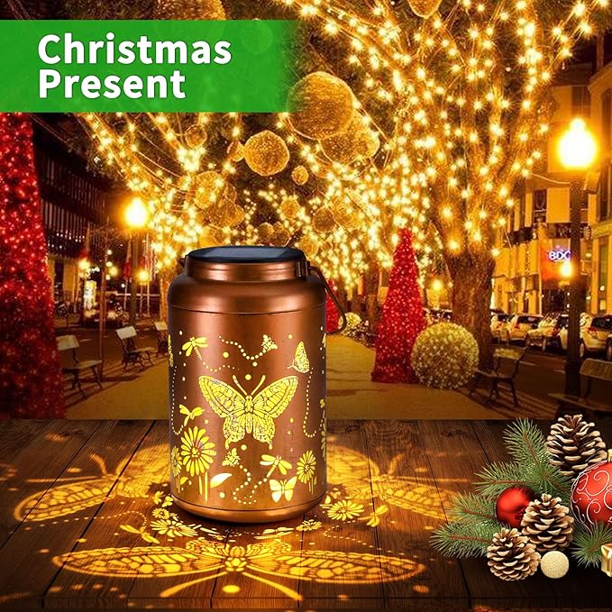 Solar Lanterns Outdoor Butterfly Hanging Solar Lights Butterfly Christmas Gifts for Women Mom Metal Lantern Waterproof LED Decorative Garden Light for Yard Patio Front Porch Outside Gardening Décor