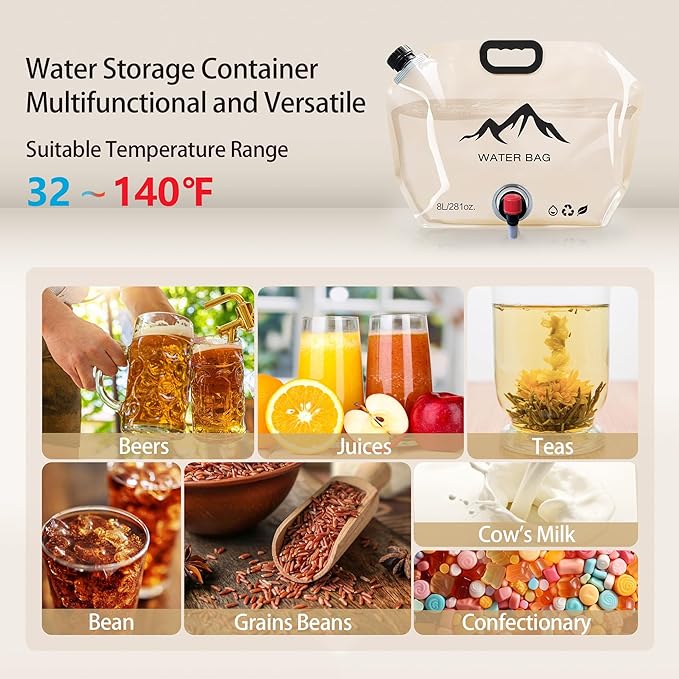 Collapsible Water Container with Spigot, 2.1 Gallon (8L) BPA-Free Portable Water Bladder – Leakproof Foldable Jug for Camping, Emergency Storage, Hiking & Outdoor Travel