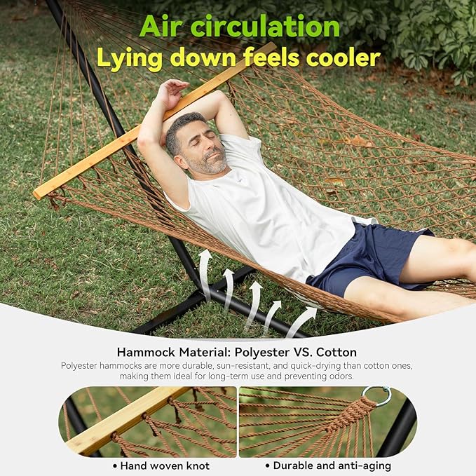 Double Hammock for 2 Person, Handwoven Rope Hammock with Spreader Bar - Indoor & Outdoor Use for Patio, Poolside, Backyard (Brown)