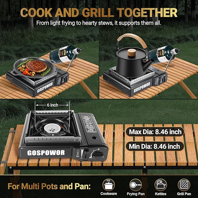 Propane or Butane Stove, Dual Fuel Propane Stove for Camping, 10,000 BTU Automatic Ignition Portable Camping Stove with Carrying Case & Windblocker & Griddle for Hiking(Fuel Not Included)