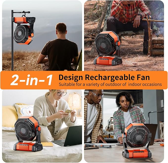 Camping LED Fan with Light, 40000m Rechargeable Battery Powered Outdoor Tent Fan with Light and Hook, 6 Speed, Personal USB Desk Fan for Camping, Fishing, Power Outage,Hurricane, Worksite