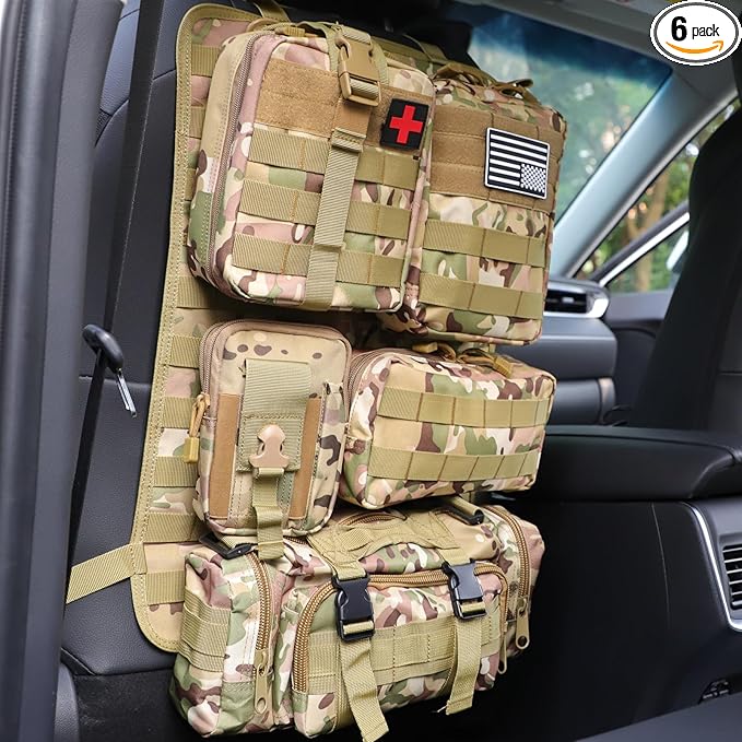 Universal Tactical Car Seat Back Organizer Bag Tactical Molle Vehicle Organizers Panel Vehicle Protector Organizers with 5 Detachable Pouches for Car Truck Ford Jeep (CP camo)