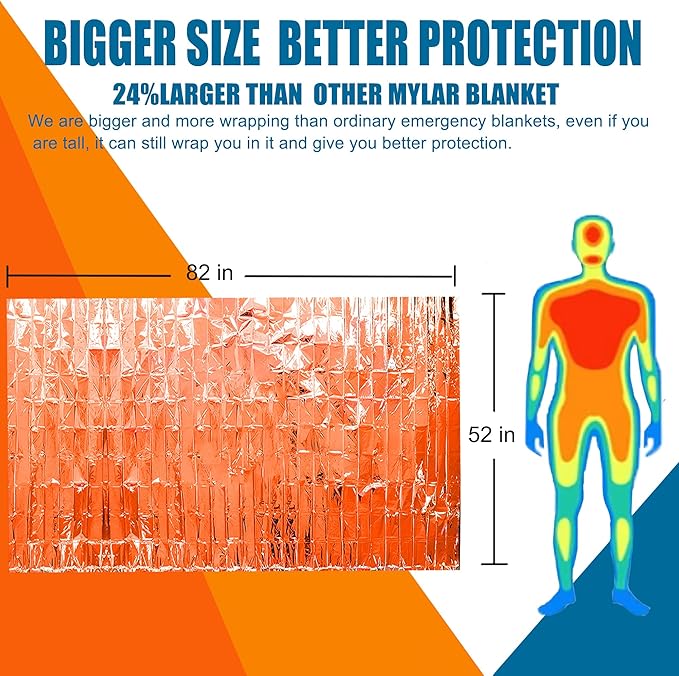 Emergency Blankets Mylar Thermal Blanket (4 Pack) of Gigantic Space Blanket 82 * 52 in. Survival Blankets Heavy Duty Camping Gear,First Aid, Silver+Orange