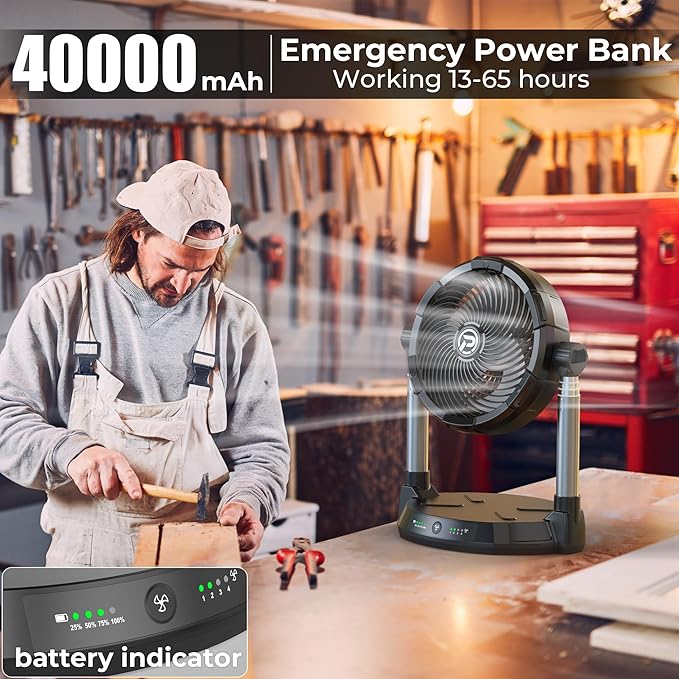 PANERGY Portable Battery Fan for Outdoors-40000mAh Rechargeable Battery, 4-Speed Fan,34.6" Height Adjustable,180° Pivoting Head & Dual Extendable rod for Camping/Beach/Patio/Jobsite/Workshop