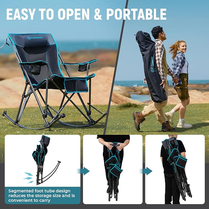 FUNDANGO Rocking Camping Chair, High Mesh Back Portable Folding Camp Chairs with Pillows, Cup Holder and Carry Bag for Lawn Patio Garden Outdoor Supports 300 Lbs (Black/Blue)