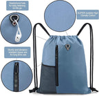 BeeGreen Blue Drawstrings Backpack Gym Sack For Men With Water Bottle Pocket &Front Zippered Pocket Large Sting Bags For WomenTraveling Yoga Beach Outdoor Gym