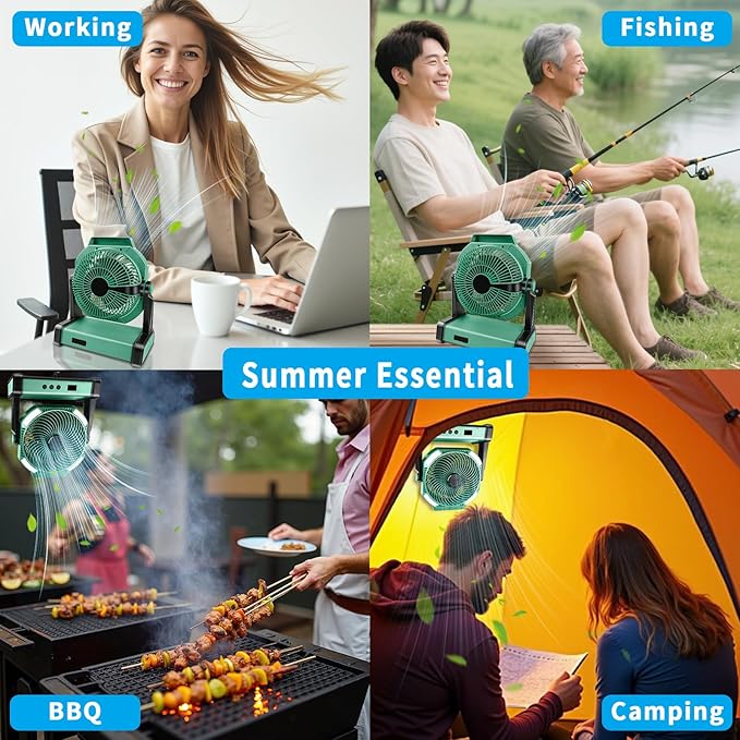 Camping Fan with Smart Voice， 22500mAh Battery Powered Portable Fan with Light&Hook, 5-Speed 270°Adjustable, Camping Essentials for Indoor, Tent, Travel, Patio, RVing, BBQ, Fishing, Jobsite