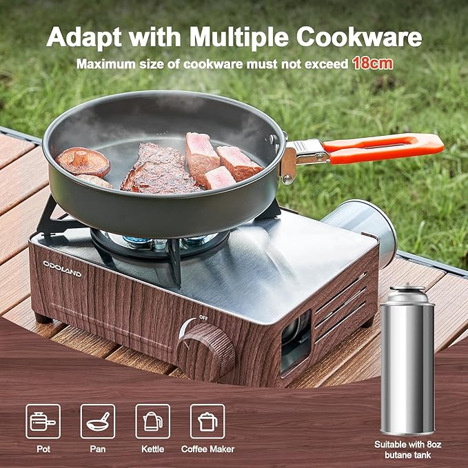 Odoland 7500BTU Camping Butane Stove with Compact Carry Case, CSA Certified Portable Gas Stove for Backpacking,Picnic,Outdoor Adventures,Brown