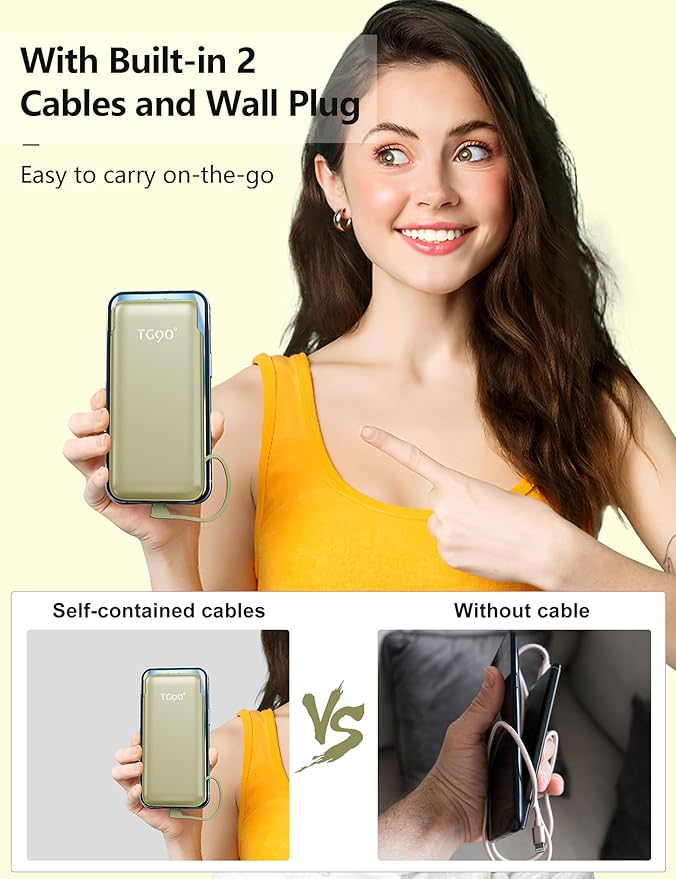 Portable Charger Power Bank with Built-in Cable & AC Plug, 10000mAh Fast USB-C Charger, Slim Mini Battery for iPhone 16/15/14/13/Pro/Max & All USB-C Devices