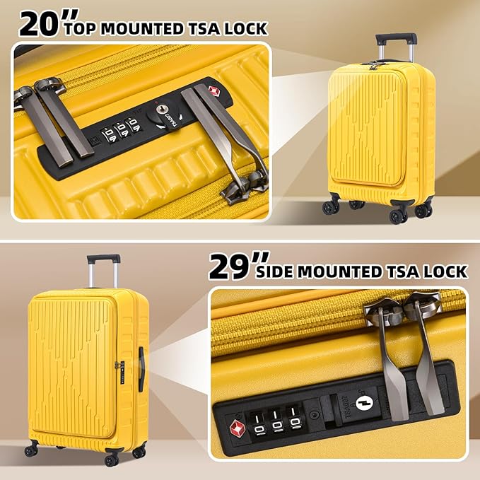 2 Pieces 20/29 Luggage Sets, 20 Inch Cabin Luggage with Front Pocket & 29 Inch Side Opening Suitcase, Ligthweight ABS+PC Hardshell, TSA Lock with HINOMOTO 360° Wheels, Yellow