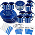 Nuogo 48 Pcs Enamel Camping Tableware Includes 12 oz Coffee Mugs 10.5 Inch Camping Plates 6 Inch Bowls and Utensils Set Includes Knife Fork Spoon for Outdoor RV(Blue)