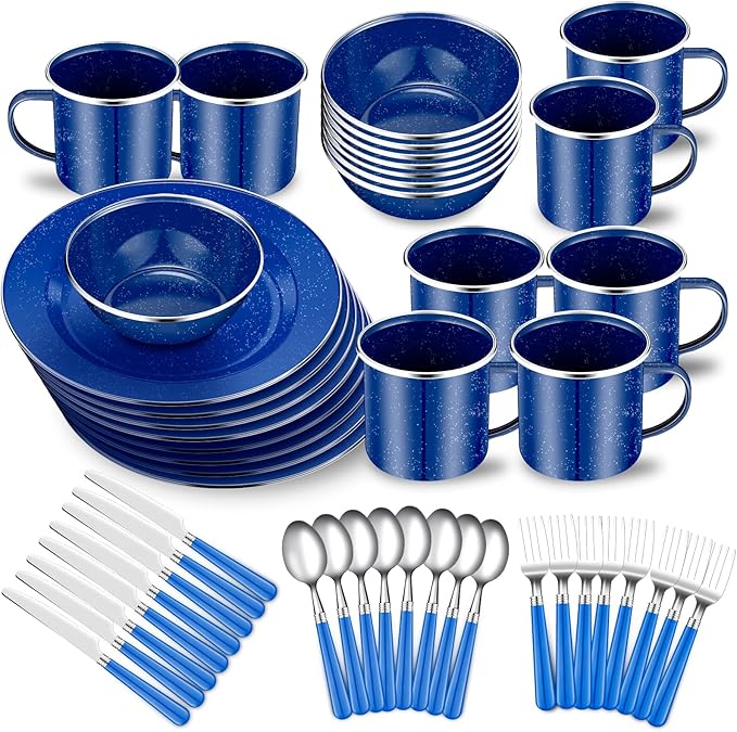 Nuogo 48 Pcs Enamel Camping Tableware Includes 12 oz Coffee Mugs 10.5 Inch Camping Plates 6 Inch Bowls and Utensils Set Includes Knife Fork Spoon for Outdoor RV(Blue)