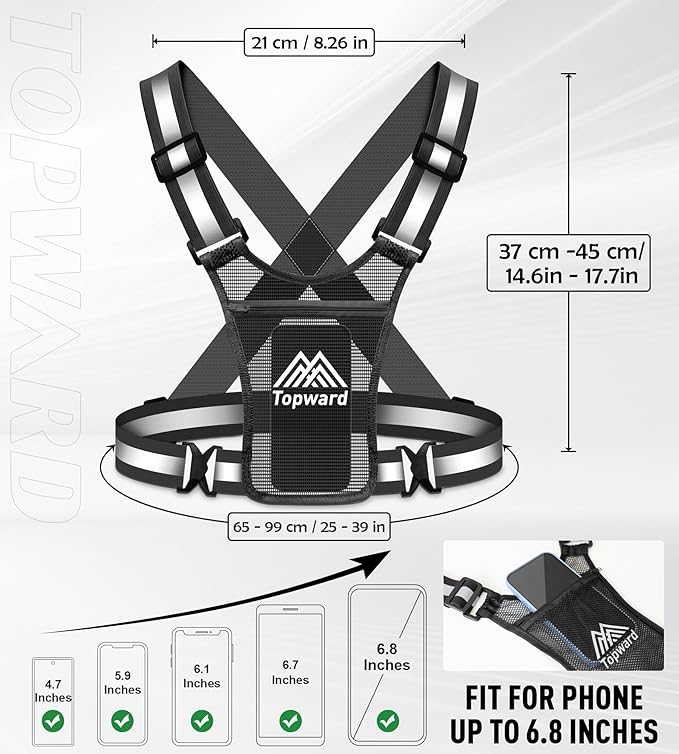 Running Vest Chest Phone Holder for Women Men, Reflective Vest Safety Gear for Dog Walking Cycling - Adjustable Waist/Shoulder