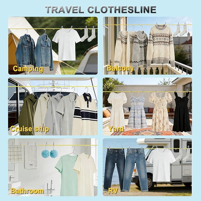 Portable Travel Clothesline, Windproof Clothes Laundry Line with Clothespins & Hang Holes, Indoor & Outdoor Clothes Drying Rope for Hotel, Backyard,Cruise Ships, Camping (Yellow, 16 Ft)