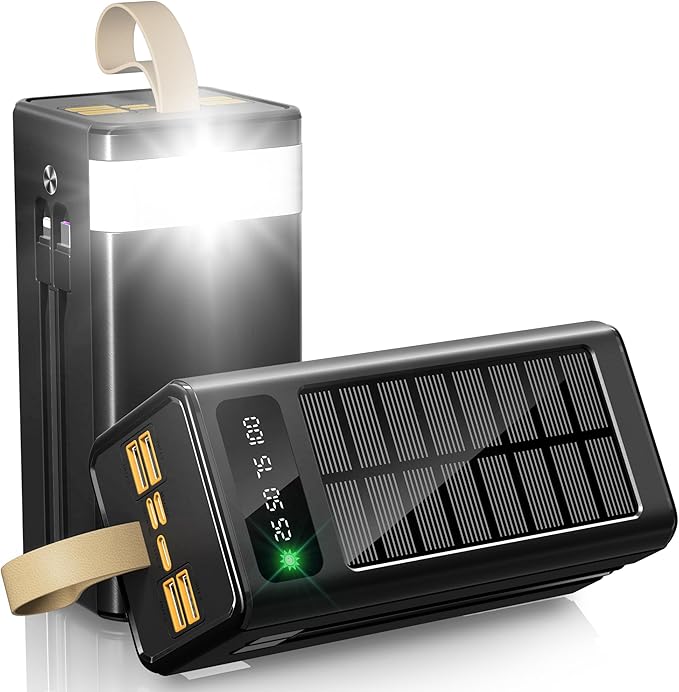90000mAh Power Bank 35W Fast Charging with Solar Charger,Built-in USB-C/Lightning Cables High Capacity Portable Charger for Camping,Travel,Emergencies,Tech Devices| 9-Port PD/USB-C, LED Flashlight