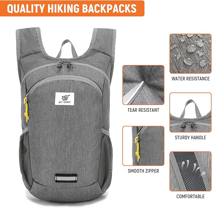 SKYSPER 10L Hiking Backpack, Foldable & Packable Lightweight Daypack for Travel, Collapsible Small Compact Hiking Backpack for Women & Men, Gray