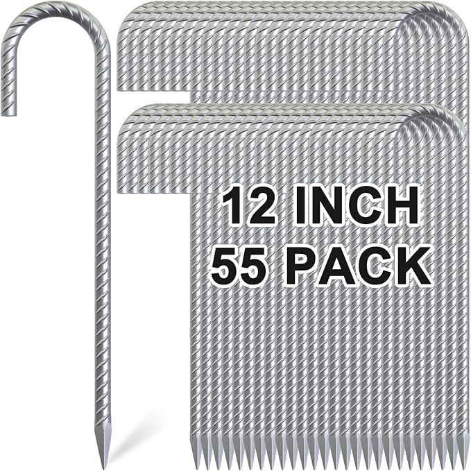Rebar Stakes 12 Inch, 55 Pack Galvanized Metal Tent Stakes Heavy Duty Ground Stakes, J Hook Steel Fence Stakes for Ground, Outdoor Decoration, Wire Fencing, Gardening