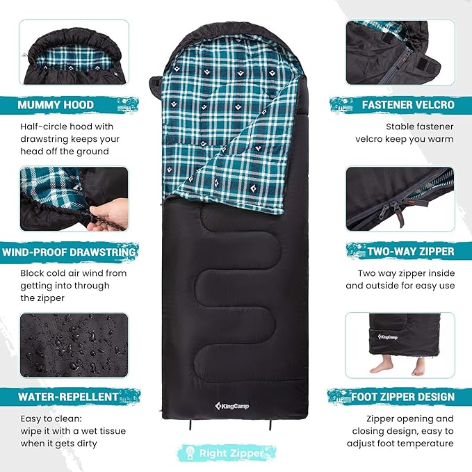 KingCamp Sleeping Bag for Adults, Cold Weather & Warm XL Big and Tall Flannel Sleeping Bags with Compression Sack Portable Waterproof Essentials Gear Accessories for Outdoor Camping