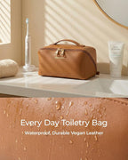BAGSMART Makeup Bag Travel Cosmetic Bag, Large Make Up Bag Flat Open Toiletry Bag for Women, PU Leather Travel Essentials Organizer Case, Wide-open Pouch Purse for Skincare, Brushes, Coffee Brown