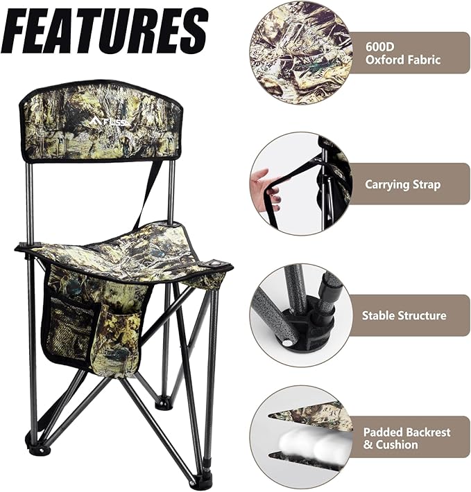 FLISSA Tripod Hunting Chair with Backrest, Portable Hunting Stool Supports 250 LBS, Foldable Camo Seat with Carry Strap for Hunting, Hiking, Fishing and Camping