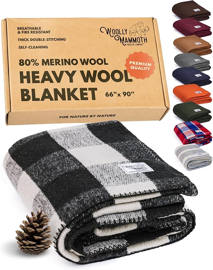 Woolly Mammoth Woolen Company Camping Blankets - 66 x 90 in, Black & Cream Plaid - Merino Wool Throw & Outdoor Backpacking Blanket for Picnic & Travel