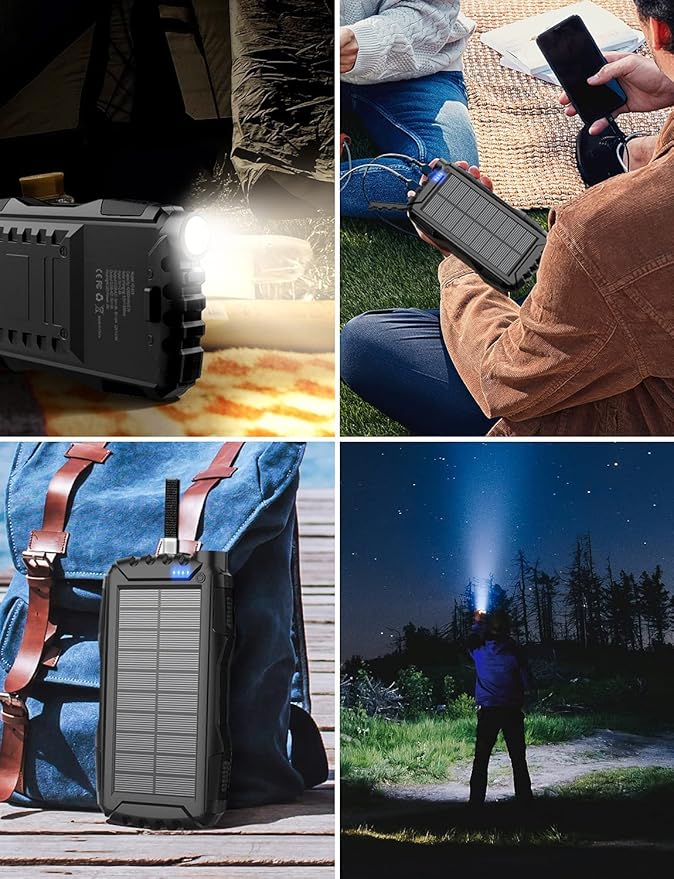 Solar Charger, Power Bank, 42800mAh Portable Charger Power Bank External Battery Pack 5V3.1A Qc 3.0 Fast Charger Built-in Super Bright Flashlight (Black)